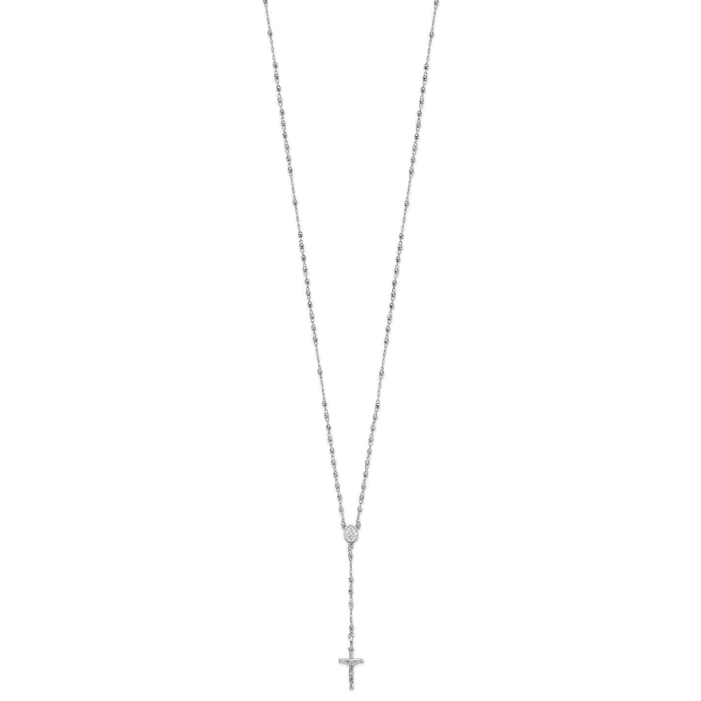 14K White Gold Polished Crucifix and Miraculous Medal with Faceted Beads 18 inch Rosary Necklace