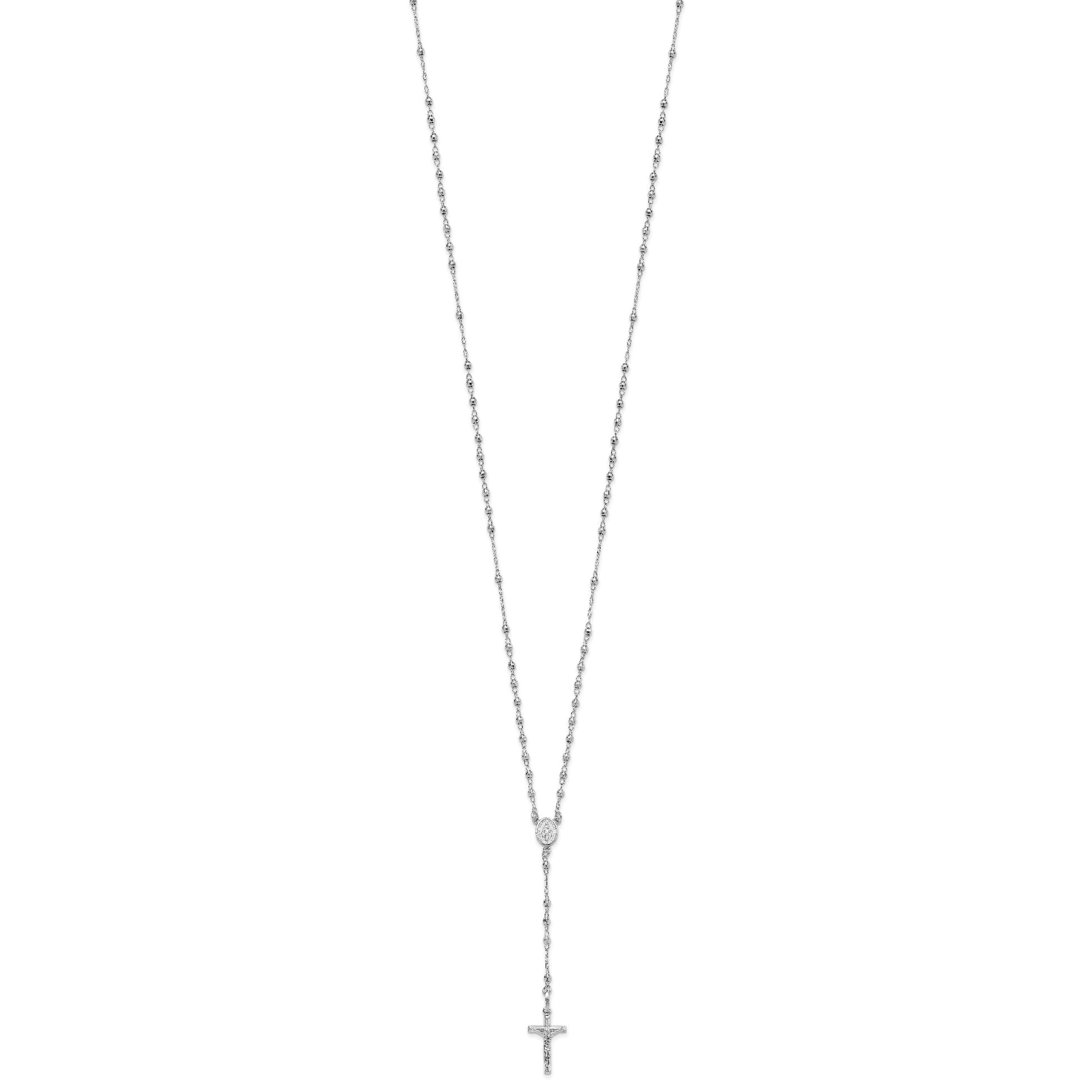 14K White Gold Polished Crucifix and Miraculous Medal with Faceted Beads 18 inch Rosary Necklace