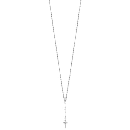 14K White Gold Polished Crucifix and Miraculous Medal with Faceted Beads 18 inch Rosary Necklace