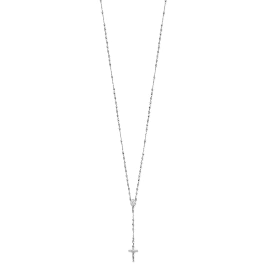 14K White Gold Polished Crucifix and Miraculous Medal with Faceted Beads 18 inch Rosary Necklace