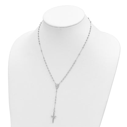 14K White Gold Polished Crucifix and Miraculous Medal with Faceted Beads 18 inch Rosary Necklace