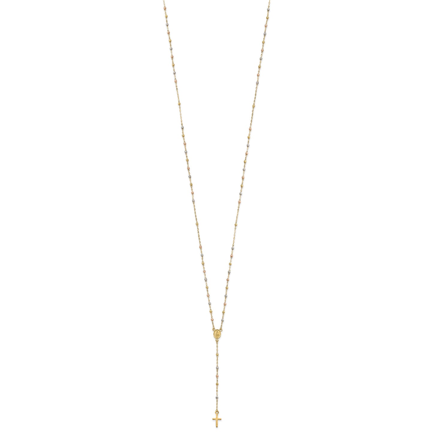 14k Tri-color Cross and Miraculous Medal with Laser-cut Beads 17 inch Rosary Necklace Plus 3 inch Extender
