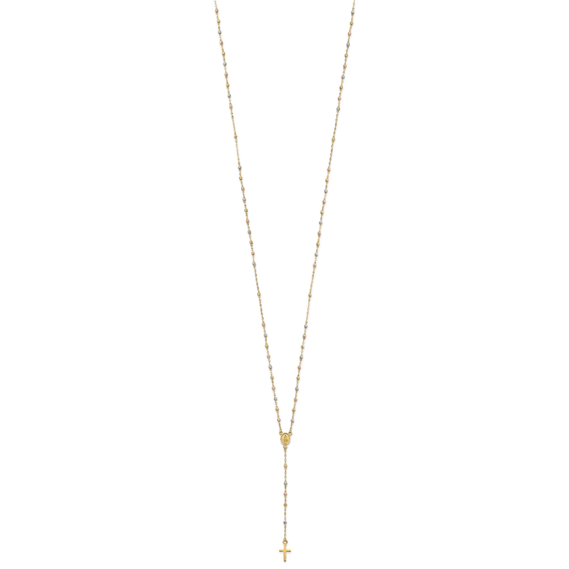14k Tri-color Cross and Miraculous Medal with Laser-cut Beads 17 inch Rosary Necklace Plus 3 inch Extender