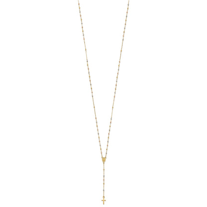 14k Tri-color Cross and Miraculous Medal with Laser-cut Beads 17 inch Rosary Necklace Plus 3 inch Extender