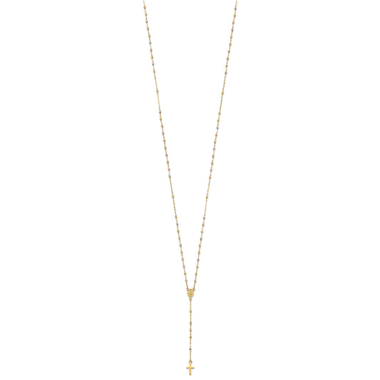 14k Tri-color Cross and Miraculous Medal with Laser-cut Beads 17 inch Rosary Necklace Plus 3 inch Extender