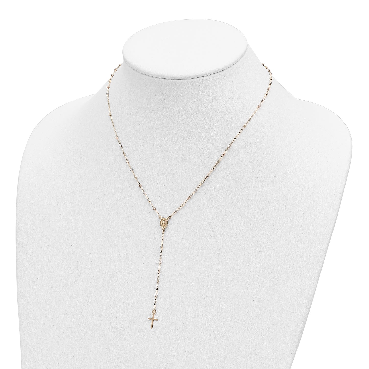 14k Tri-color Cross and Miraculous Medal with Laser-cut Beads 17 inch Rosary Necklace Plus 3 inch Extender