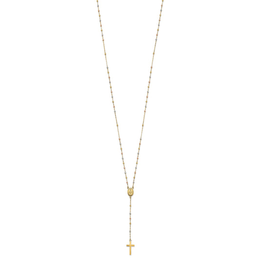 14k Tri-color Cross and Miraculous Medal with Laser-cut Beads 17 inch Rosary Necklace Plus 3 inch Extender