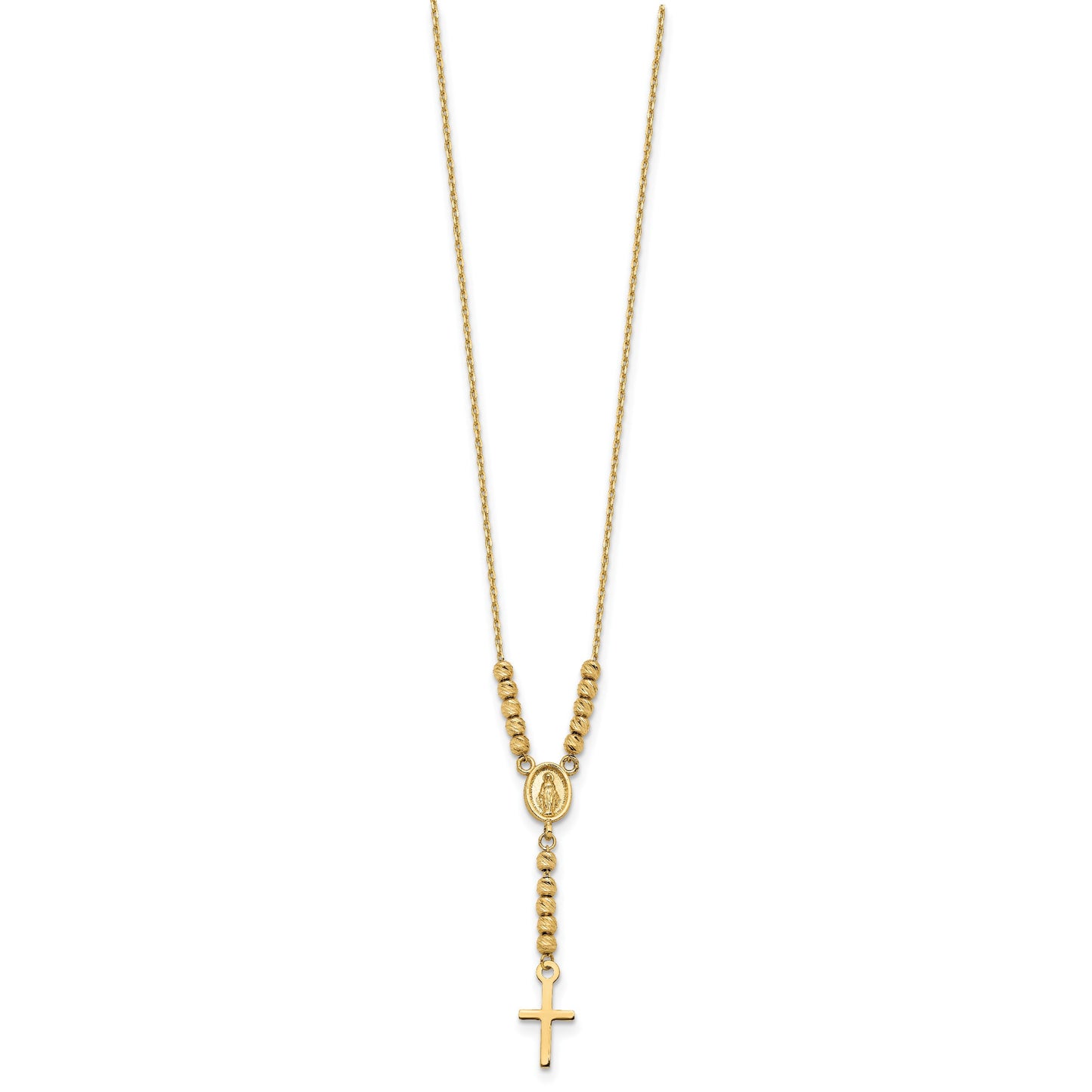 14K Polished Miraculous Medal and Cross with Diamond-cut Beads 17 inch Y-Necklace
