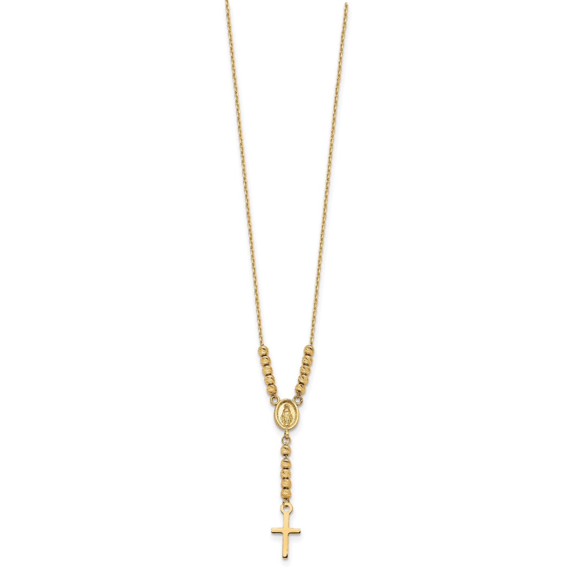 14K Polished Miraculous Medal and Cross with Diamond-cut Beads 17 inch Y-Necklace