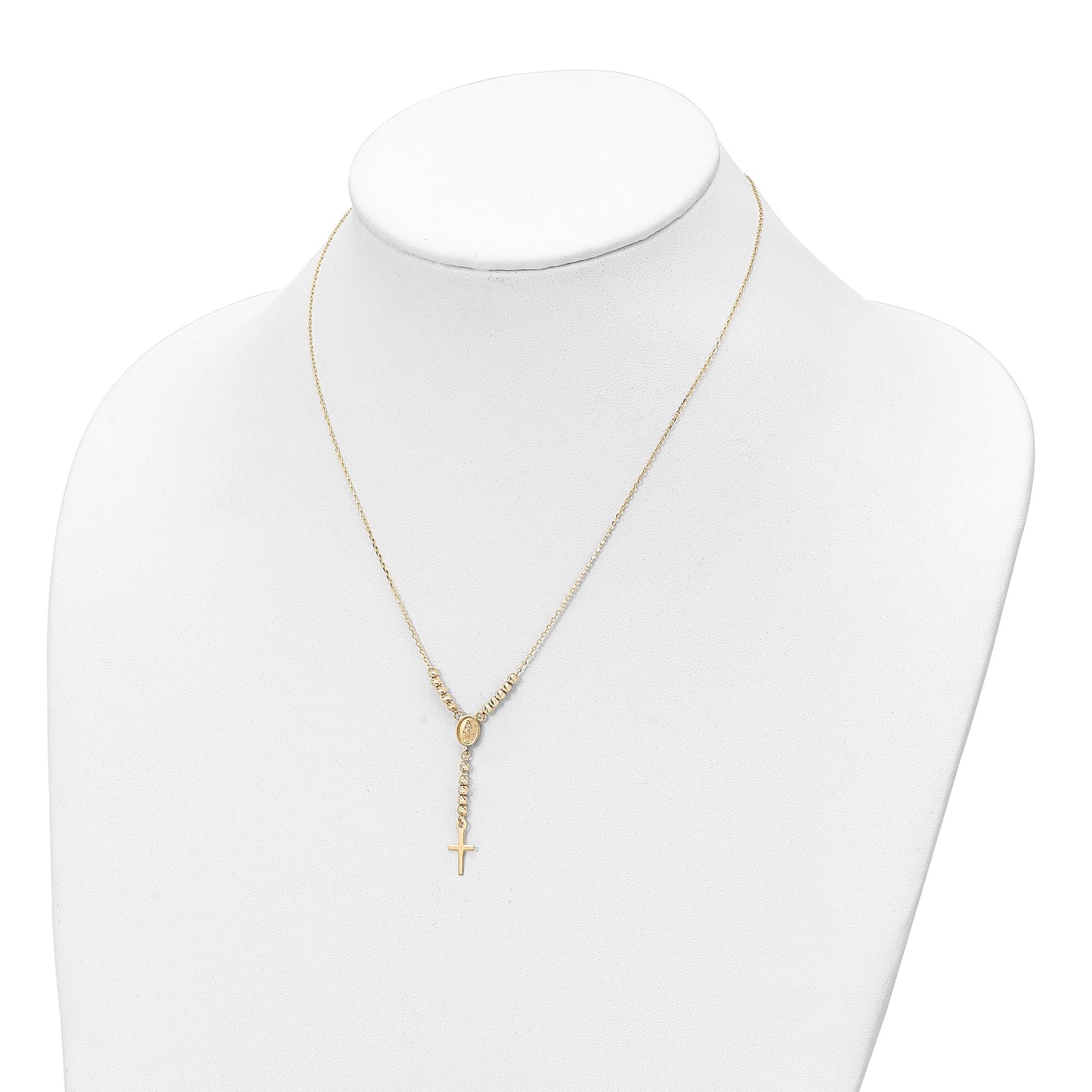 14K Polished Miraculous Medal and Cross with Diamond-cut Beads 17 inch Y-Necklace