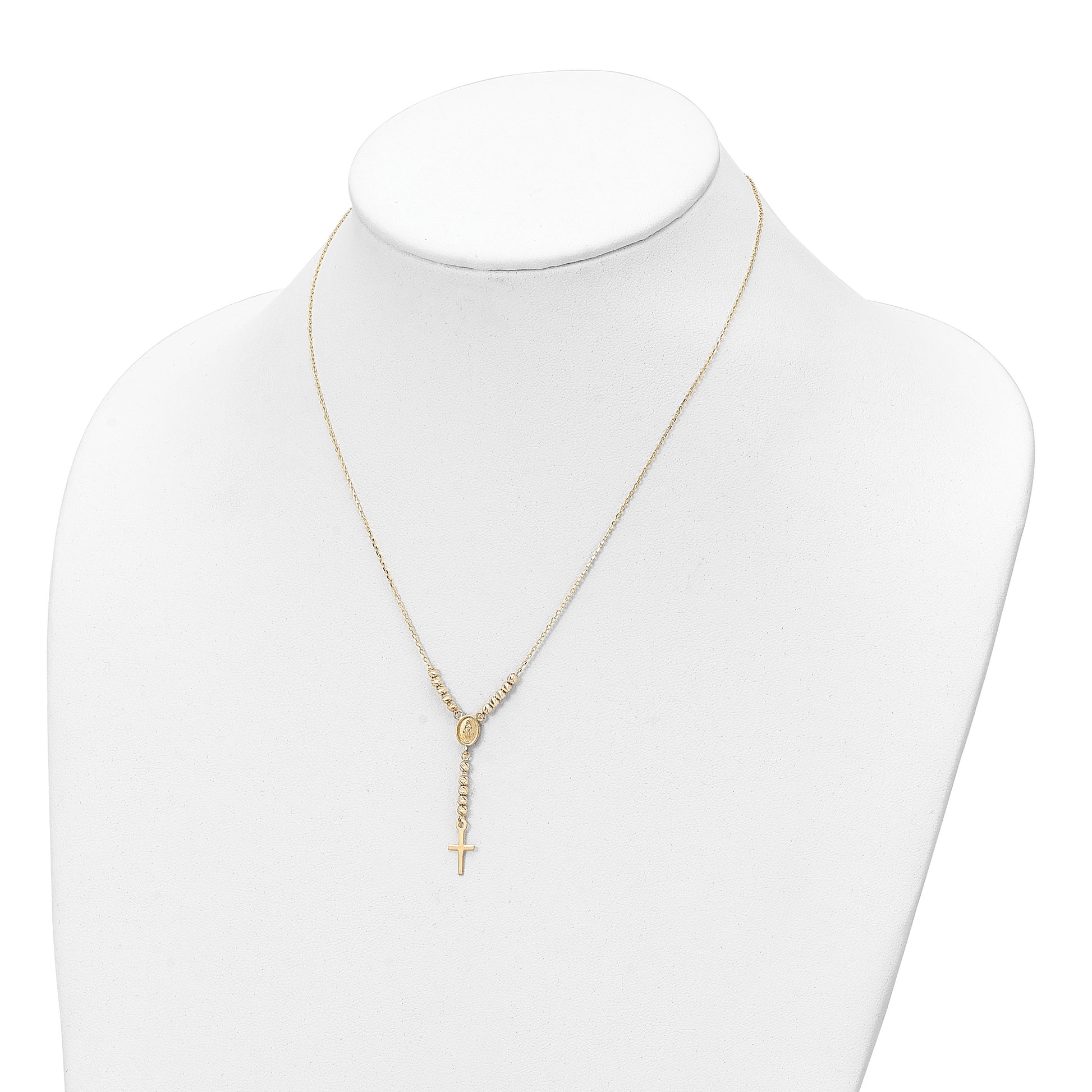 14K Polished Miraculous Medal and Cross with Diamond-cut Beads 17 inch Y-Necklace