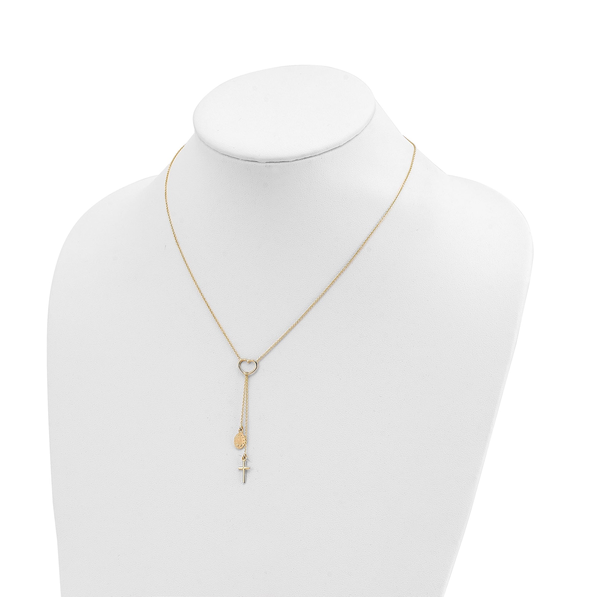 14K Polished Heart with Dangle Cross and Miraculous Medal 17 inch Y-Necklace