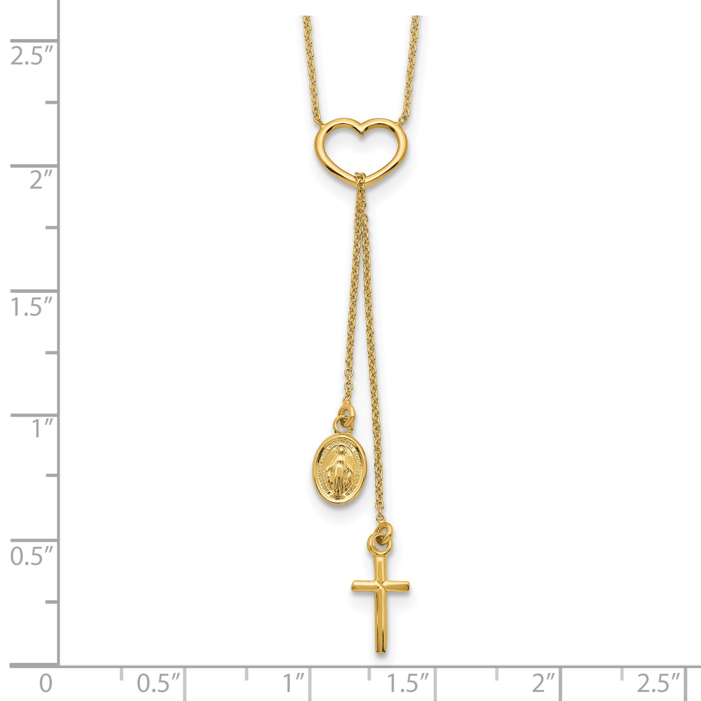 14K Polished Heart with Dangle Cross and Miraculous Medal 17 inch Y-Necklace