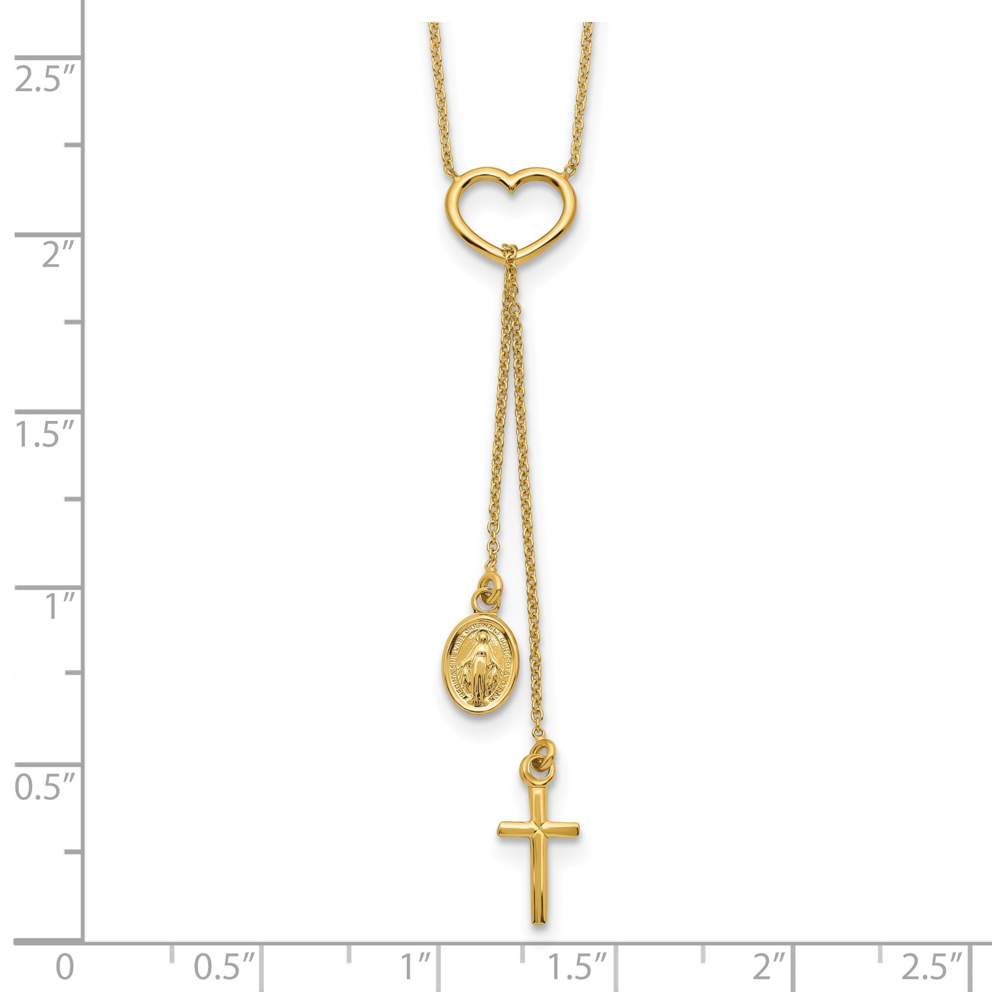 14K Polished Heart with Dangle Cross and Miraculous Medal 17 inch Y-Necklace