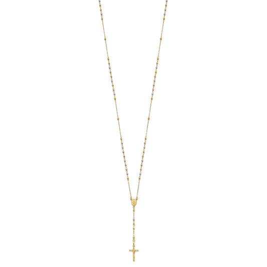 14K Tri-color Polished Crucifix and Miraculous Medal with Faceted Beads 24 inch Rosary Necklace