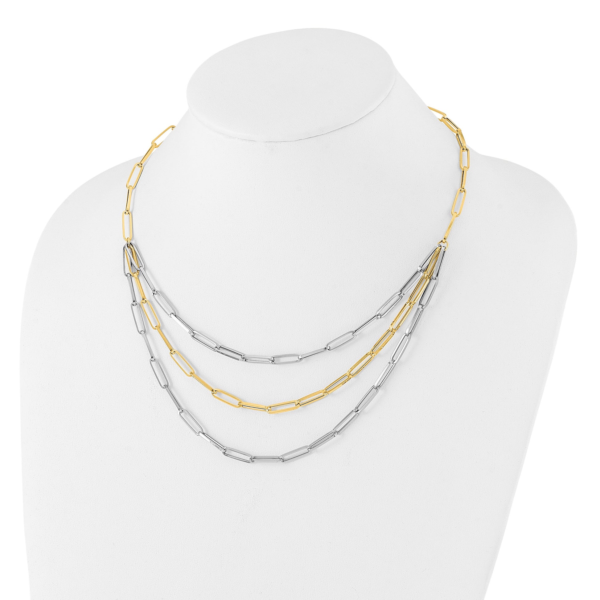 14K Two-tone Polished Fancy Paperclip Link 3-Strand Bib 18.25 inch Necklace
