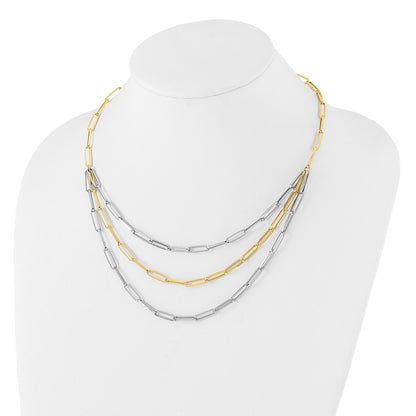 14K Two-tone Polished Fancy Paperclip Link 3-Strand Bib 18.25 inch Necklace