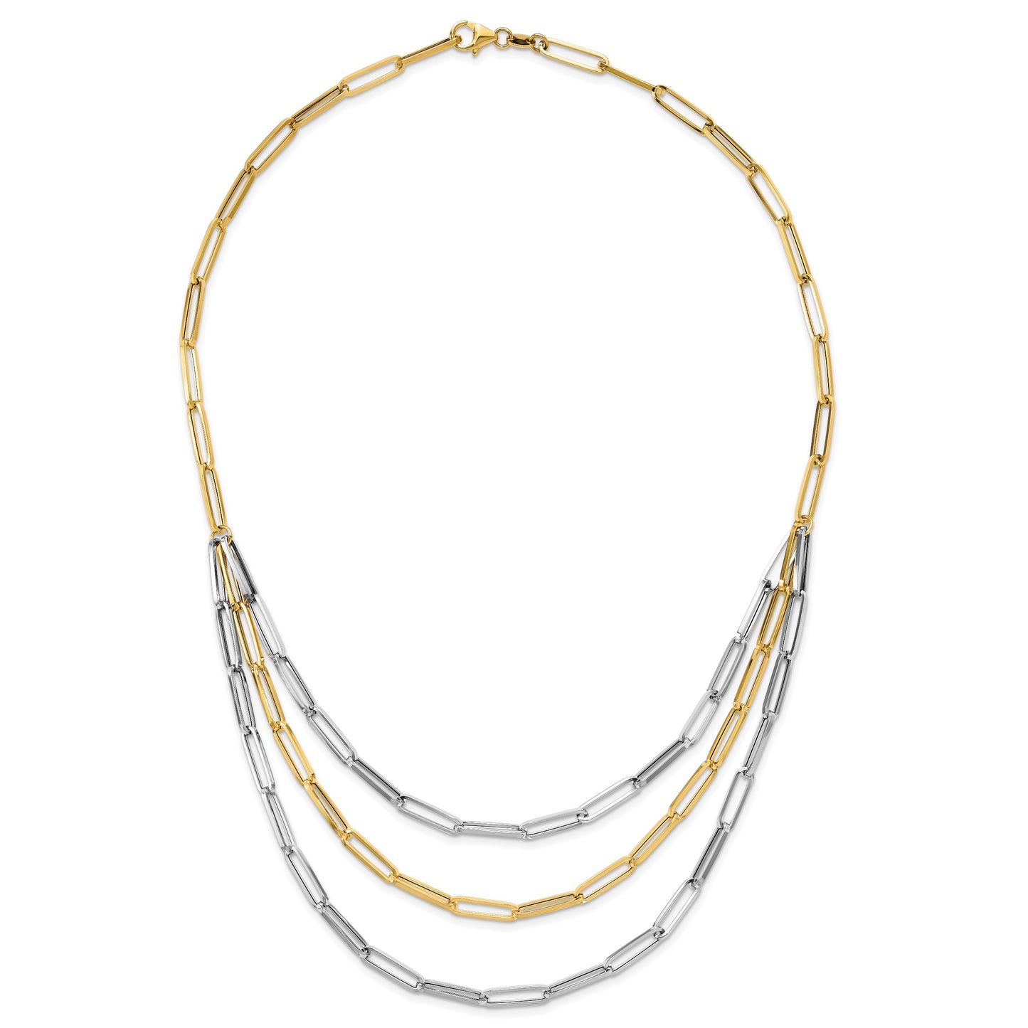 14K Two-tone Polished Fancy Paperclip Link 3-Strand Bib 18.25 inch Necklace