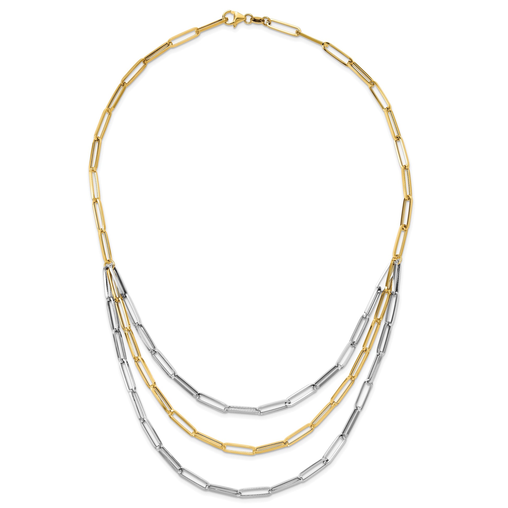 14K Two-tone Polished Fancy Paperclip Link 3-Strand Bib 18.25 inch Necklace