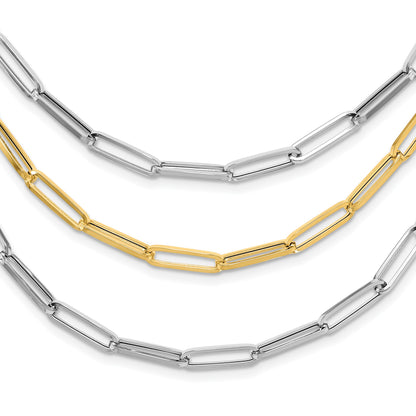 14K Two-tone Polished Fancy Paperclip Link 3-Strand Bib 18.25 inch Necklace