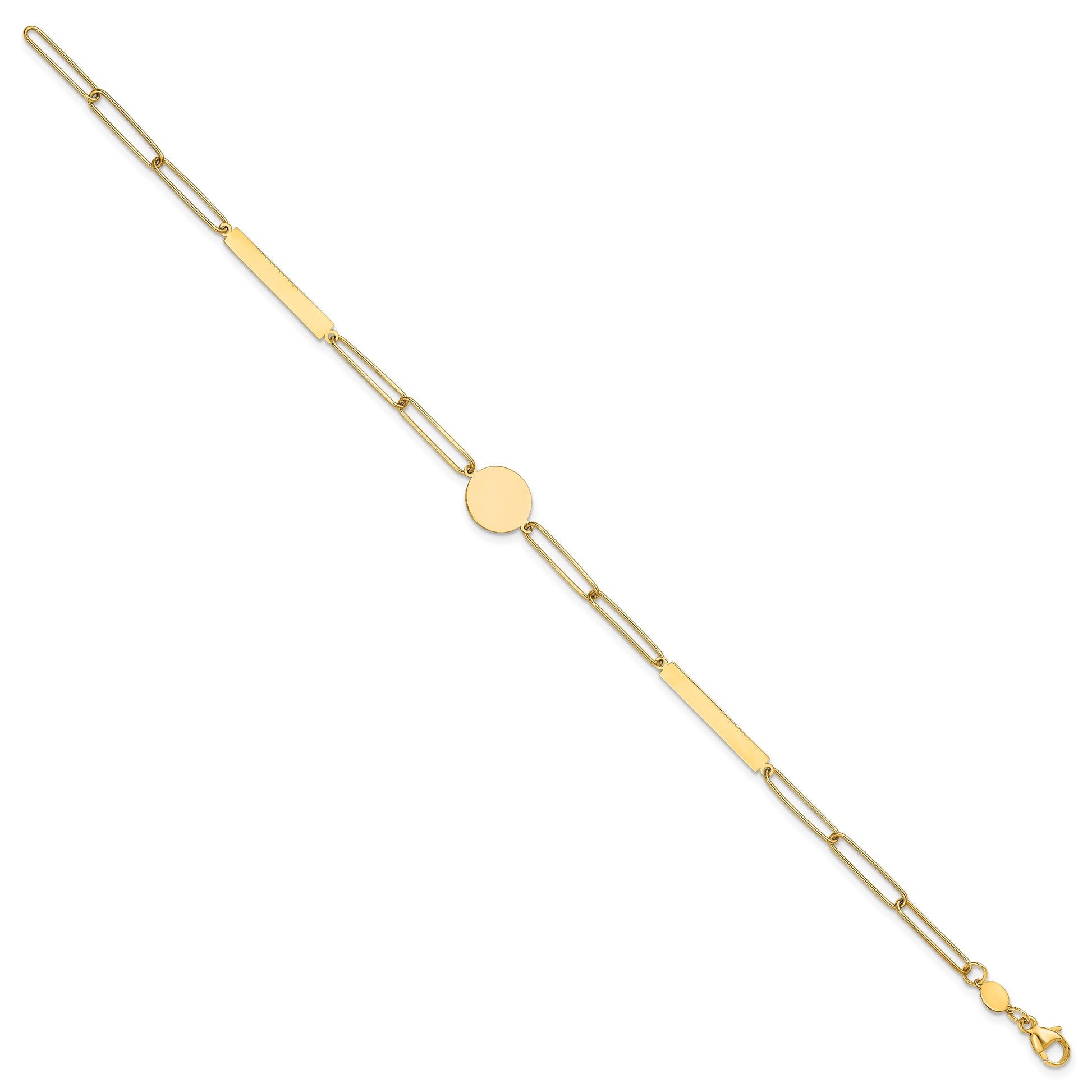 14K Polished Paperclip Link with Circle and Bars 8.25 inch Bracelet