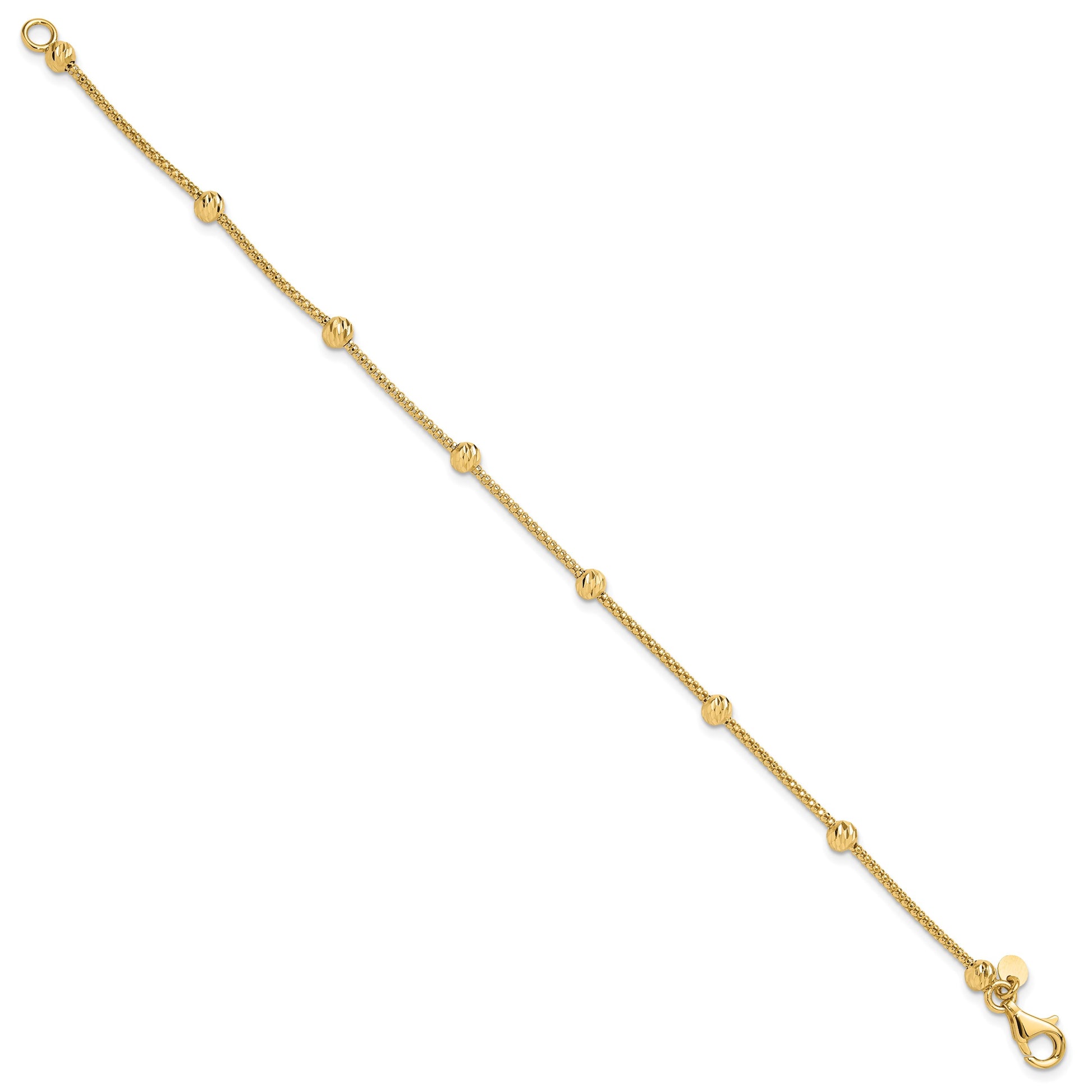 14K Polished Diamond-cut Beads and Mesh Chain 7.5 inch Bracelet