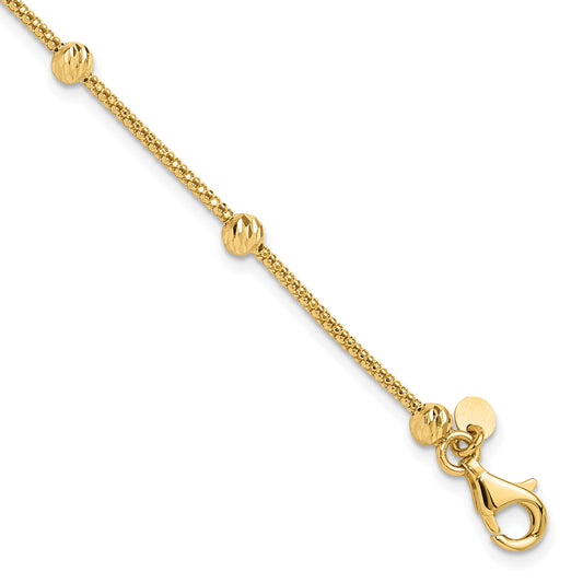 14K Polished Diamond-cut Beads and Mesh Chain 7.5 inch Bracelet