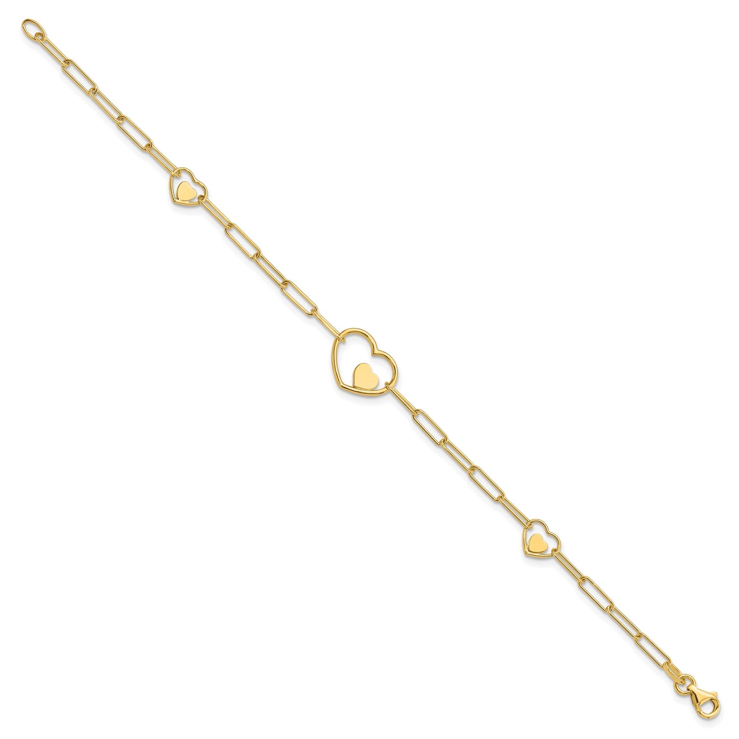 14K Double Hearts and Paperclip Links 7.25in Bracelet