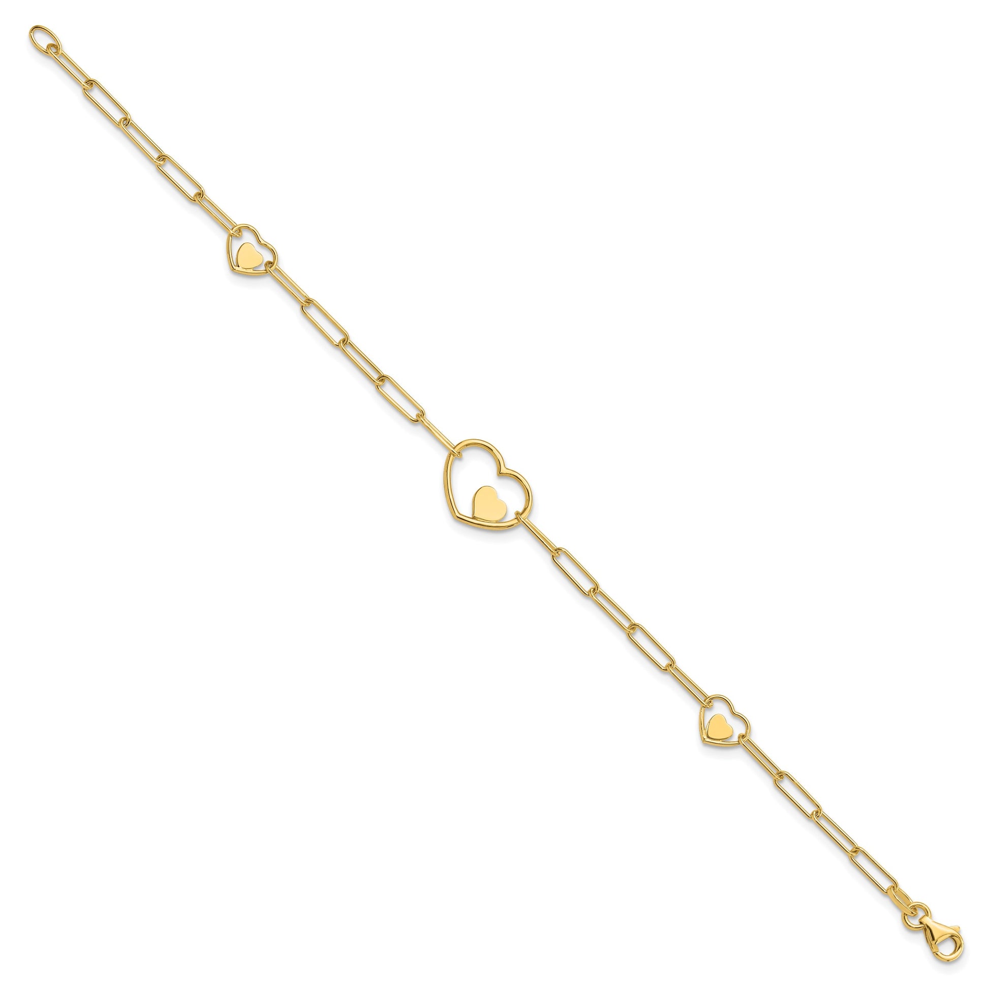 14K Double Hearts and Paperclip Links 7.25in Bracelet