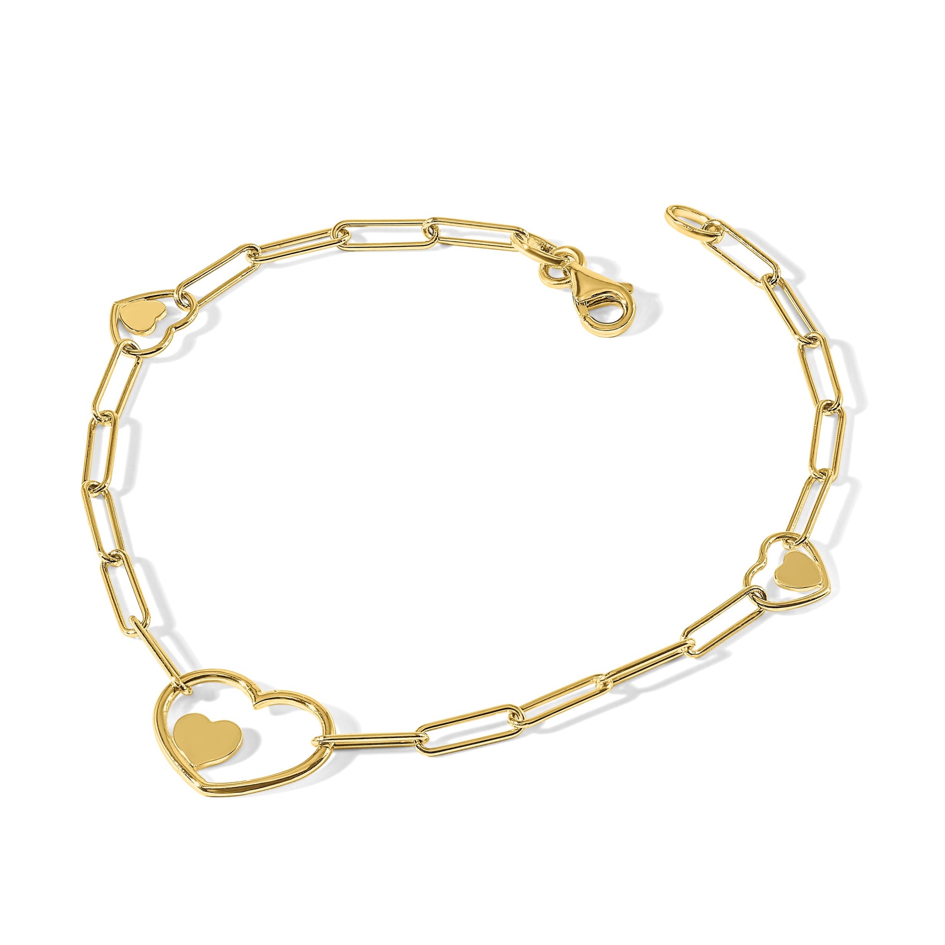 14K Double Hearts and Paperclip Links 7.25in Bracelet