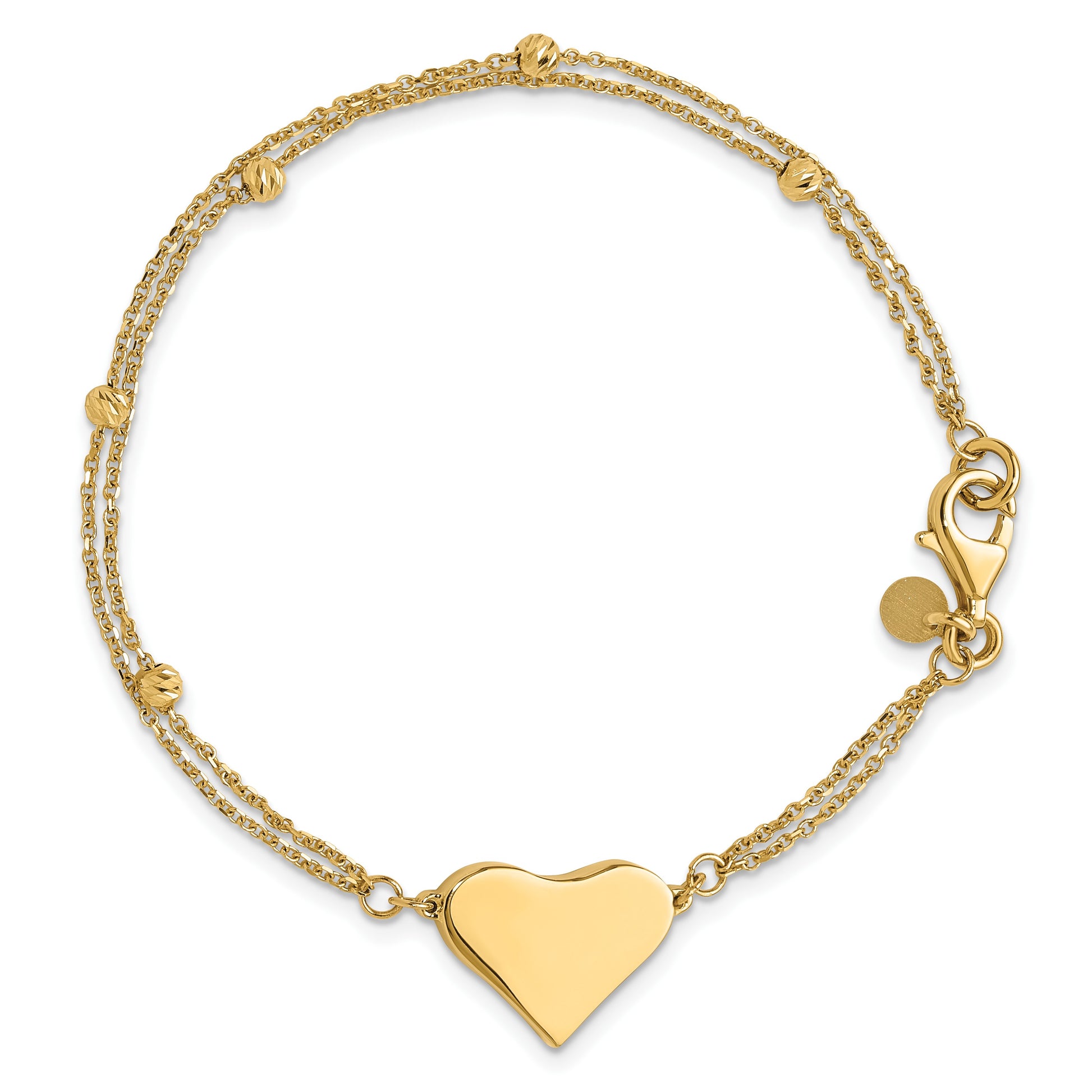 14K Polished 11x18mm Heart and Diamond-cut Beaded 2-Strand 7.5 inch Bracelet