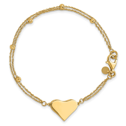 14K Polished 11x18mm Heart and Diamond-cut Beaded 2-Strand 7.5 inch Bracelet