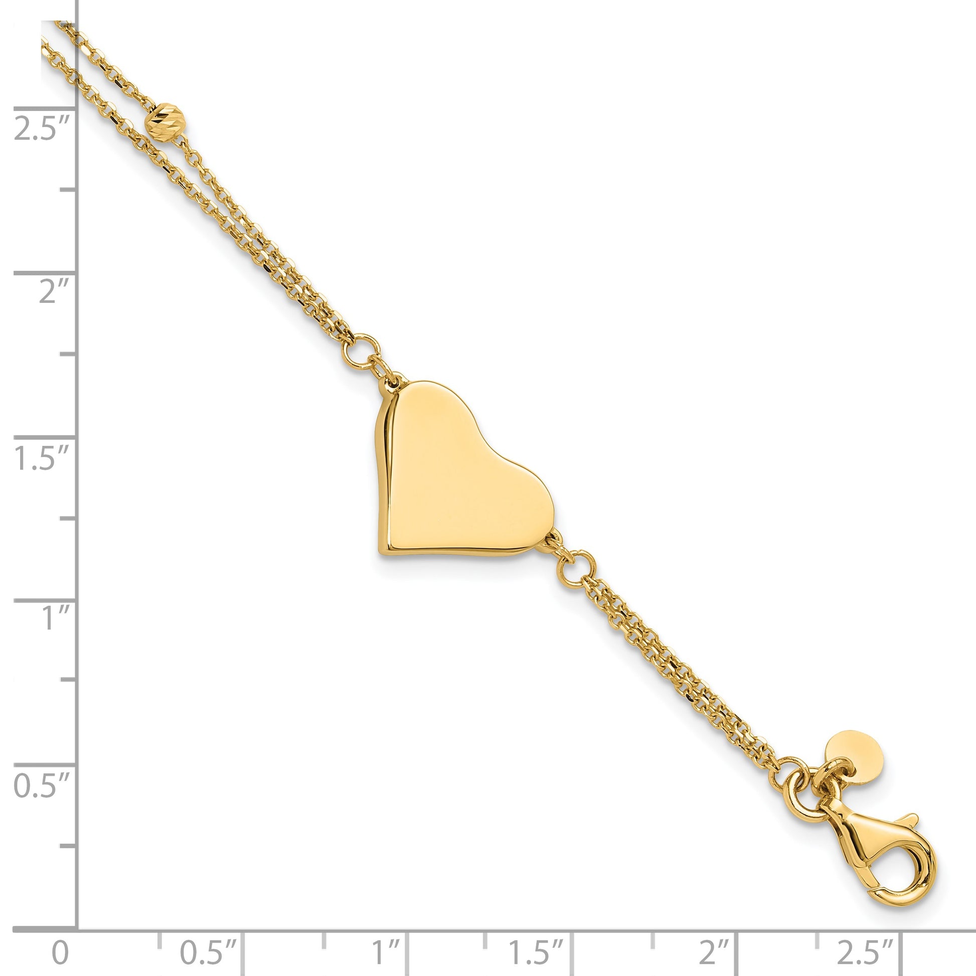 14K Polished 11x18mm Heart and Diamond-cut Beaded 2-Strand 7.5 inch Bracelet