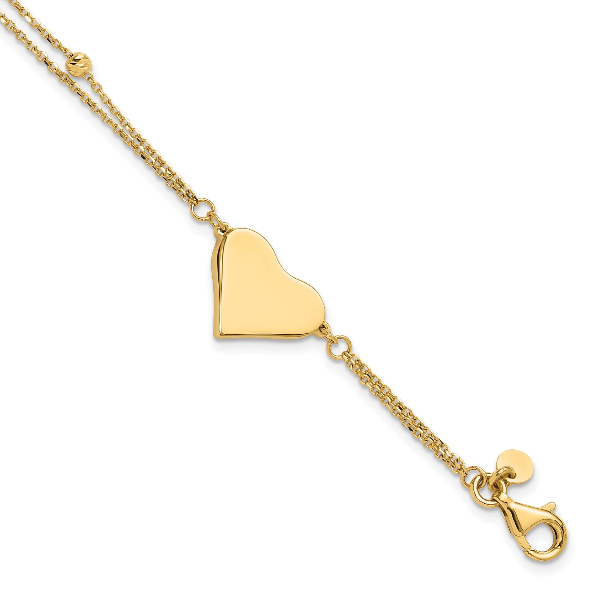 14K Polished 11x18mm Heart and Diamond-cut Beaded 2-Strand 7.5 inch Bracelet