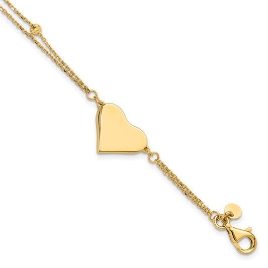 14K Polished 11x18mm Heart and Diamond-cut Beaded 2-Strand 7.5 inch Bracelet