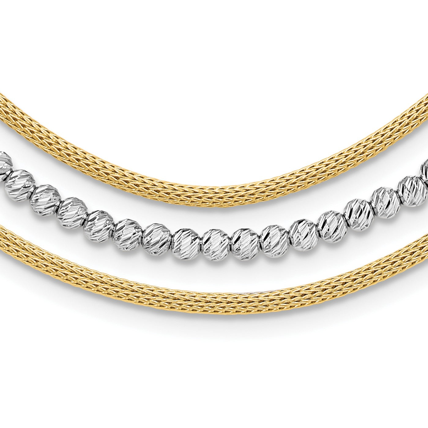 14K Two-tone Diamond-cut Beads and Mesh Chain 3-Strand Bib 15.75 inch Necklace Plus 2 inch Extender