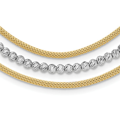 14K Two-tone Diamond-cut Beads and Mesh Chain 3-Strand Bib 15.75 inch Necklace Plus 2 inch Extender