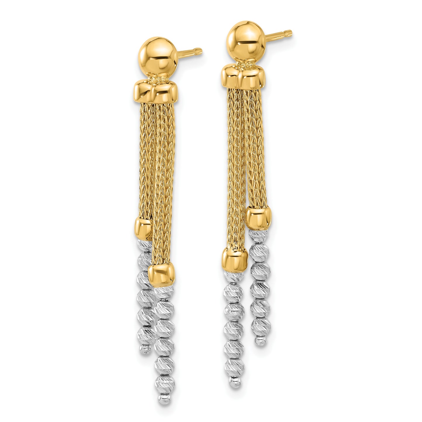 14K Two-tone Polished and Diamond-cut Beads and Mesh Chain Dangle Post Earrings