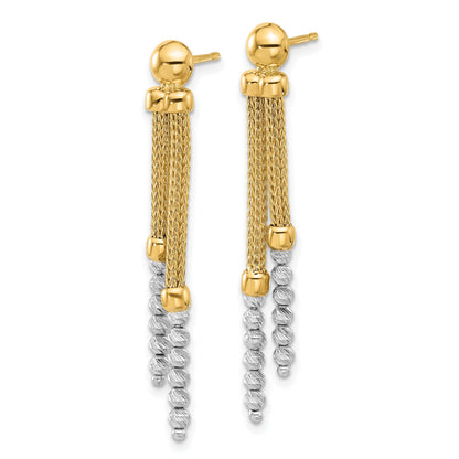 14K Two-tone Polished and Diamond-cut Beads and Mesh Chain Dangle Post Earrings