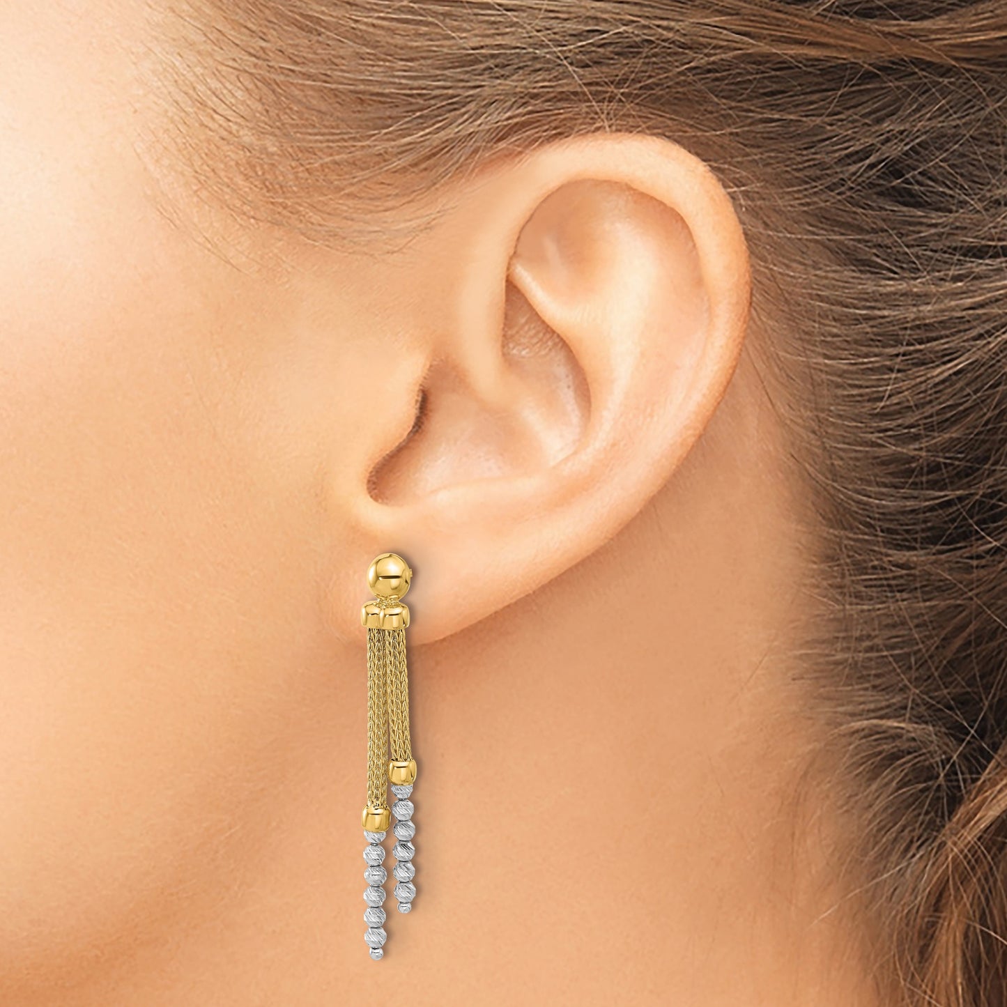 14K Two-tone Polished and Diamond-cut Beads and Mesh Chain Dangle Post Earrings