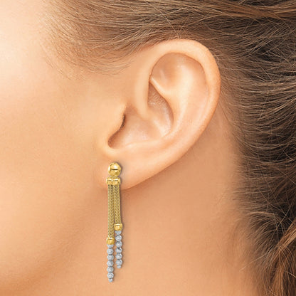 14K Two-tone Polished and Diamond-cut Beads and Mesh Chain Dangle Post Earrings