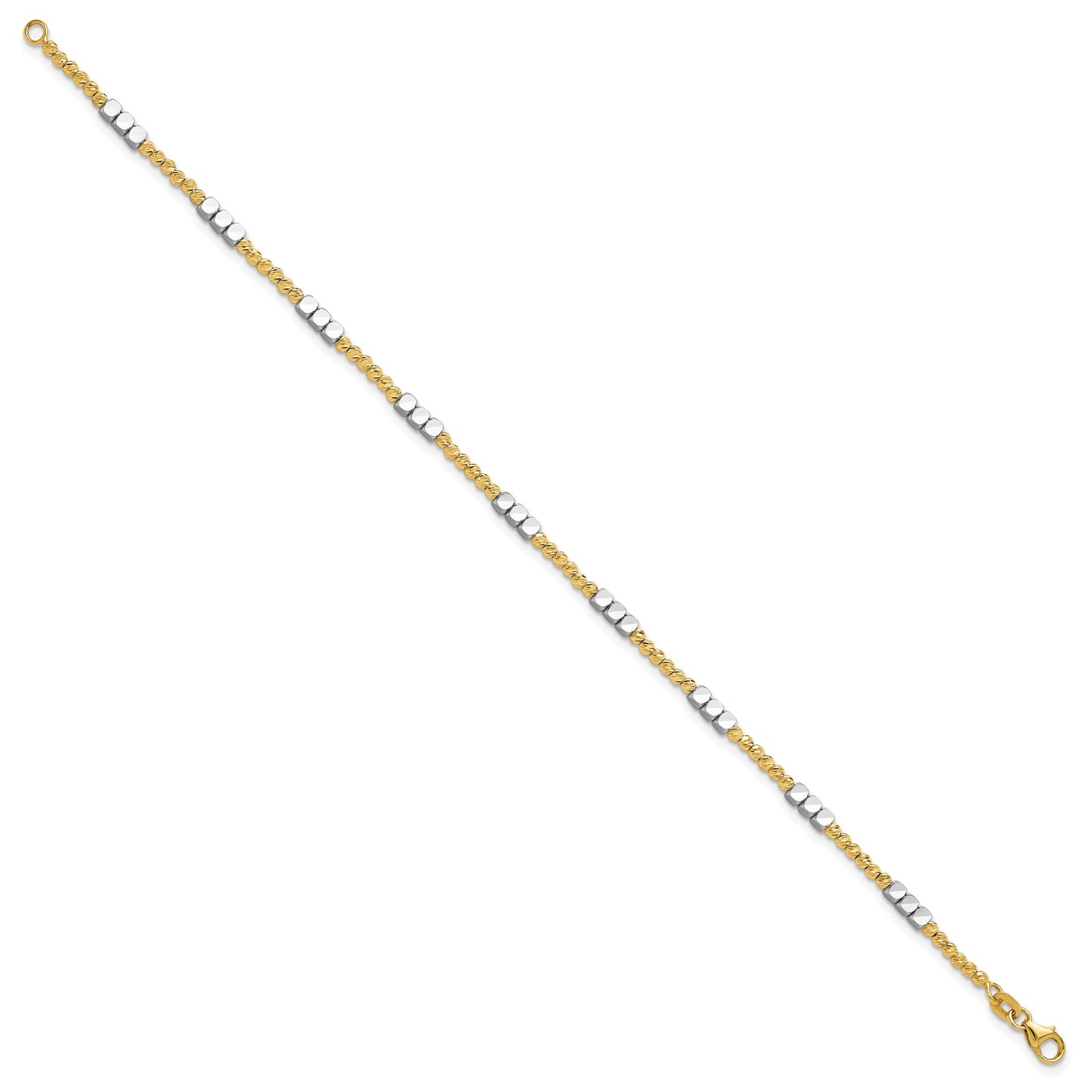 14K Two-tone Diamond-cut Round and Square Beaded 7.5 inch Bracelet