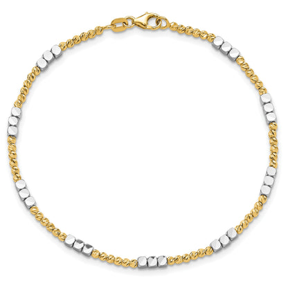 14K Two-tone Diamond-cut Round and Square Beaded 7.5 inch Bracelet