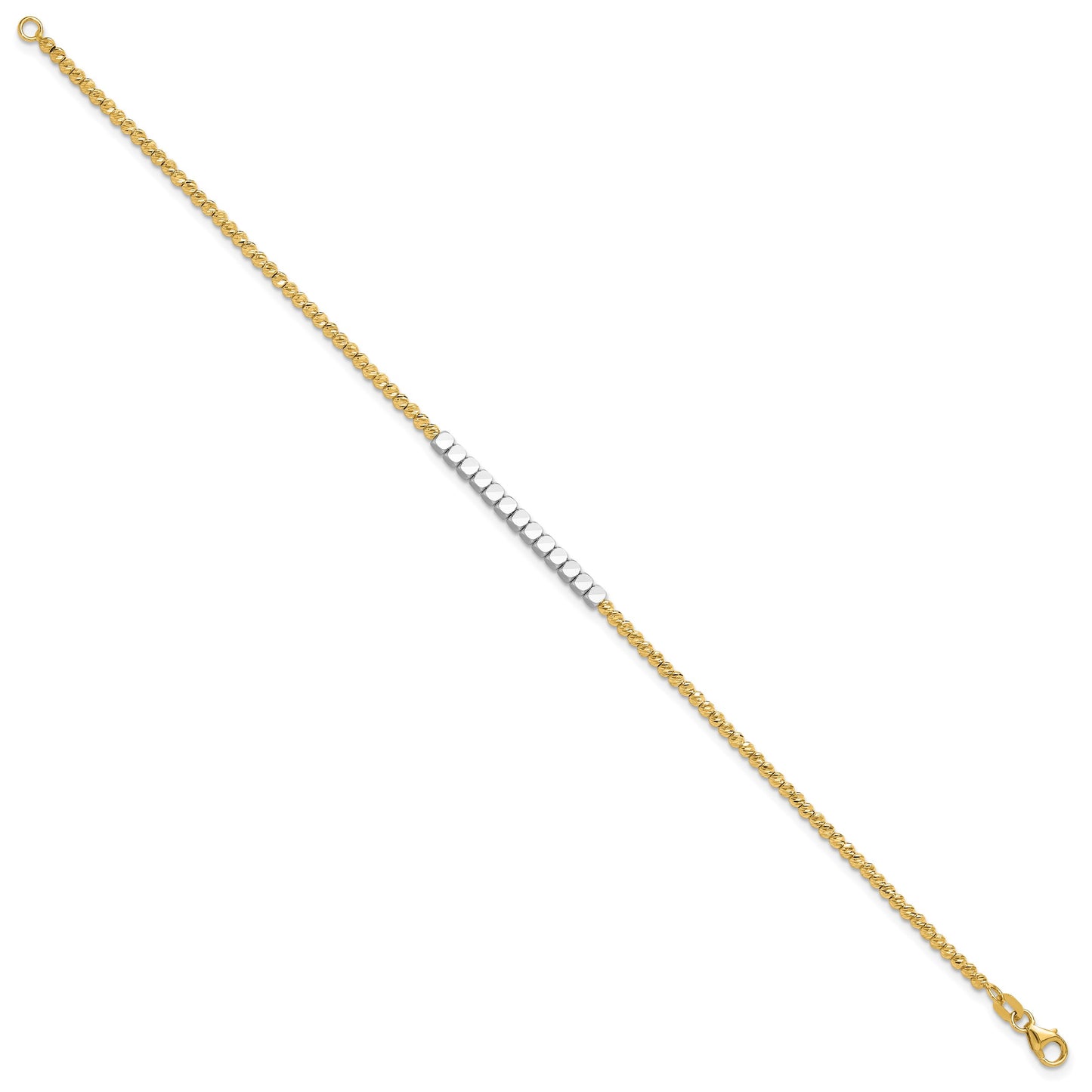14K Two-tone Diamond-cut Square and Round Beaded 7.5 inch Bracelet