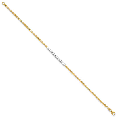 14K Two-tone Diamond-cut Square and Round Beaded 7.5 inch Bracelet