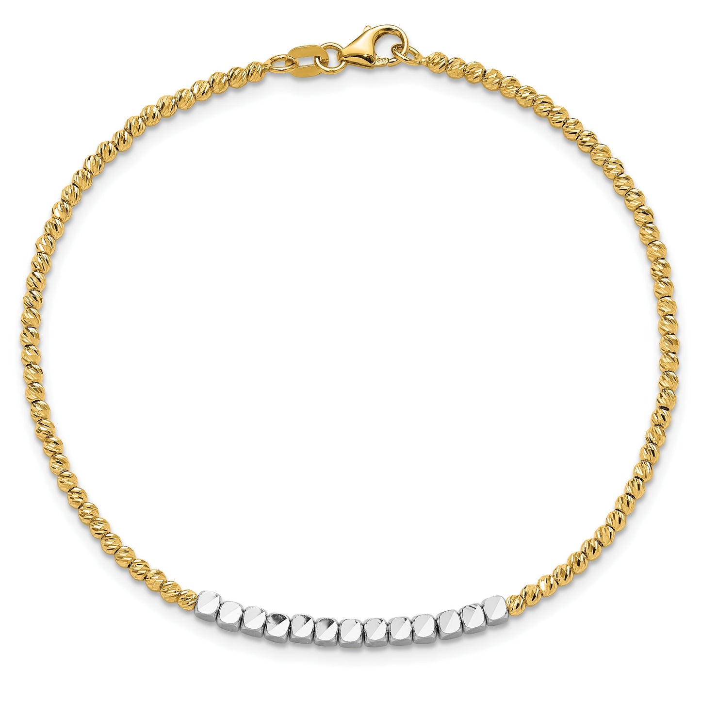 14K Two-tone Diamond-cut Square and Round Beaded 7.5 inch Bracelet
