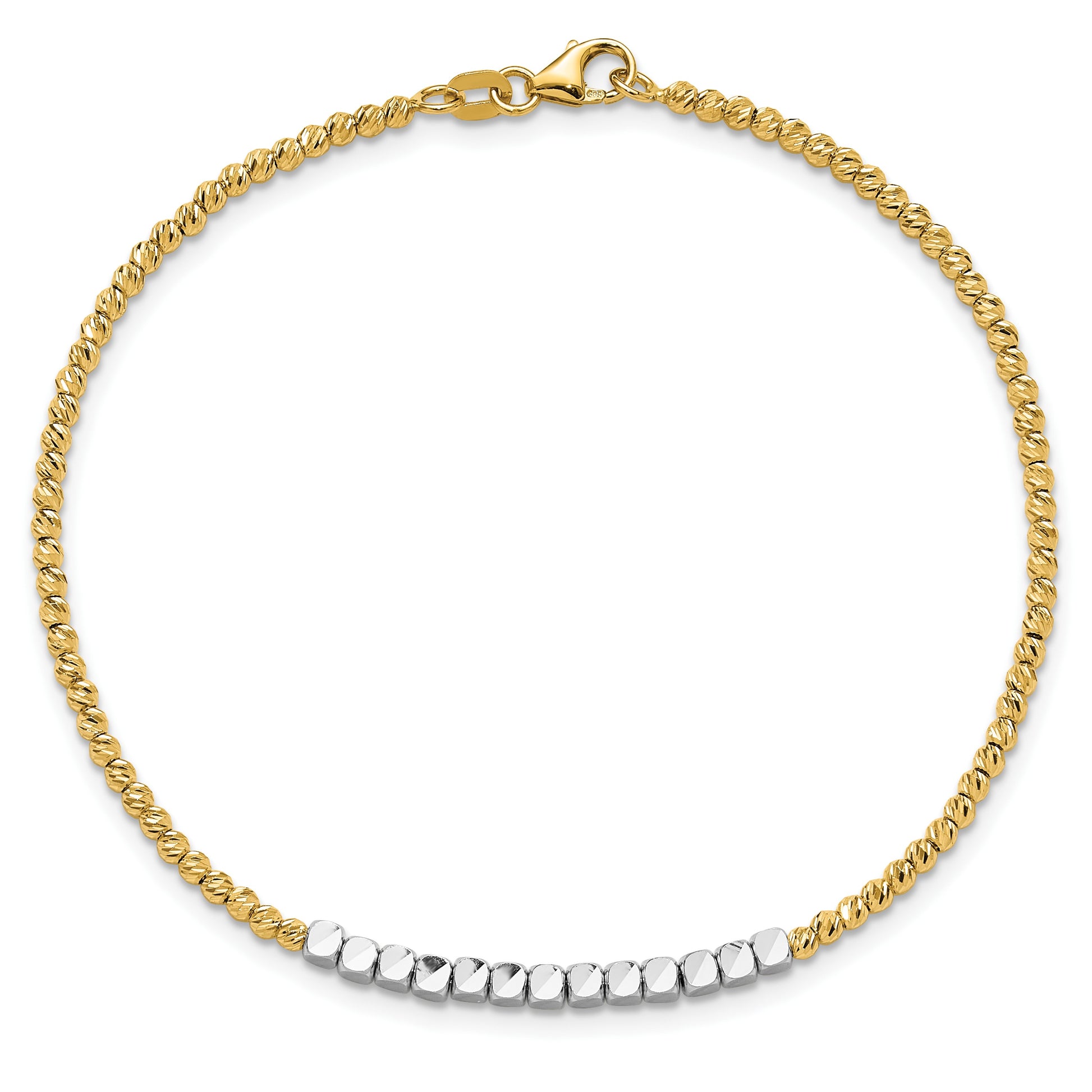 14K Two-tone Diamond-cut Square and Round Beaded 7.5 inch Bracelet