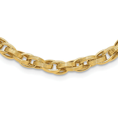 14K Polished and Grooved 6mm Fancy Oval Link 18 inch Necklace