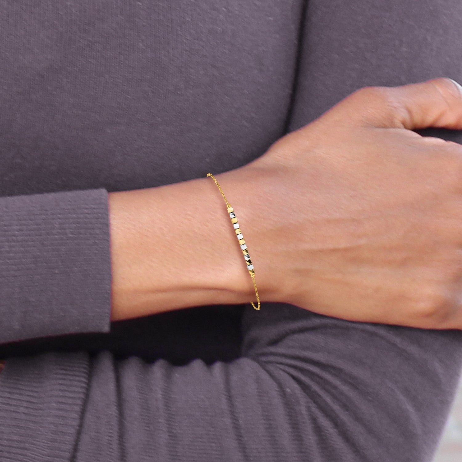 14K Two-tone Square Beaded 7.5 inch Bracelet