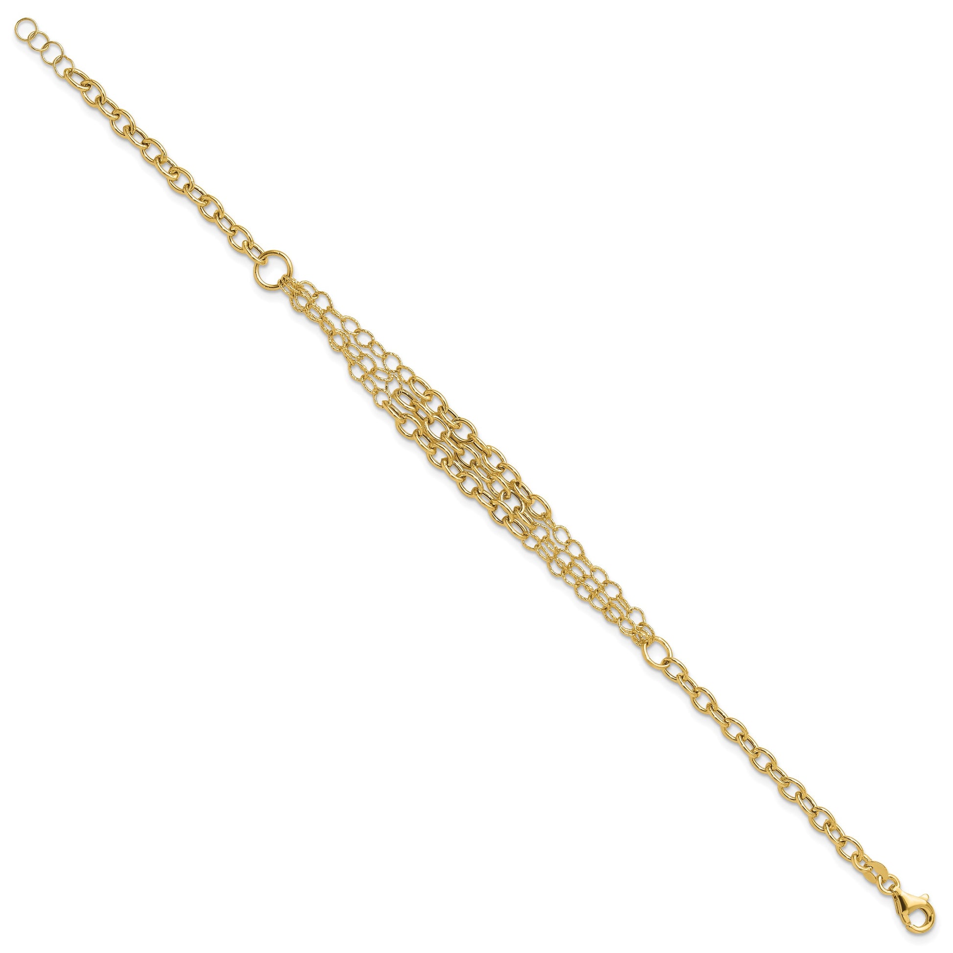14K Polished and Textured Fancy Cable with 3-Strand Center 7.5 inch Bracelet Plus 0.5 inch Extender